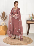 Shienzy WomenS Embroidered Chanderi Kurta Pant Set With Net Dupatta | V Neck, 3/4 Sleeve Ethnic Set | Outfit For Festive & Offi
