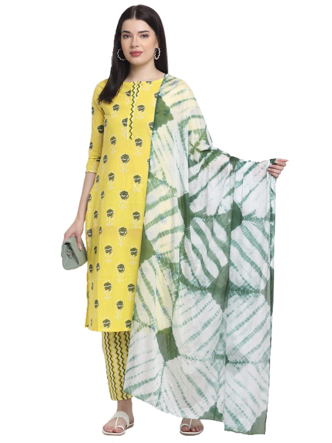 ANNI DESIGNER Women's Cotton Straight Kurta with Palazzo & Dupatta (KPZD-COT-10011-YELLOW_XXL_Yellow_XX-Large)