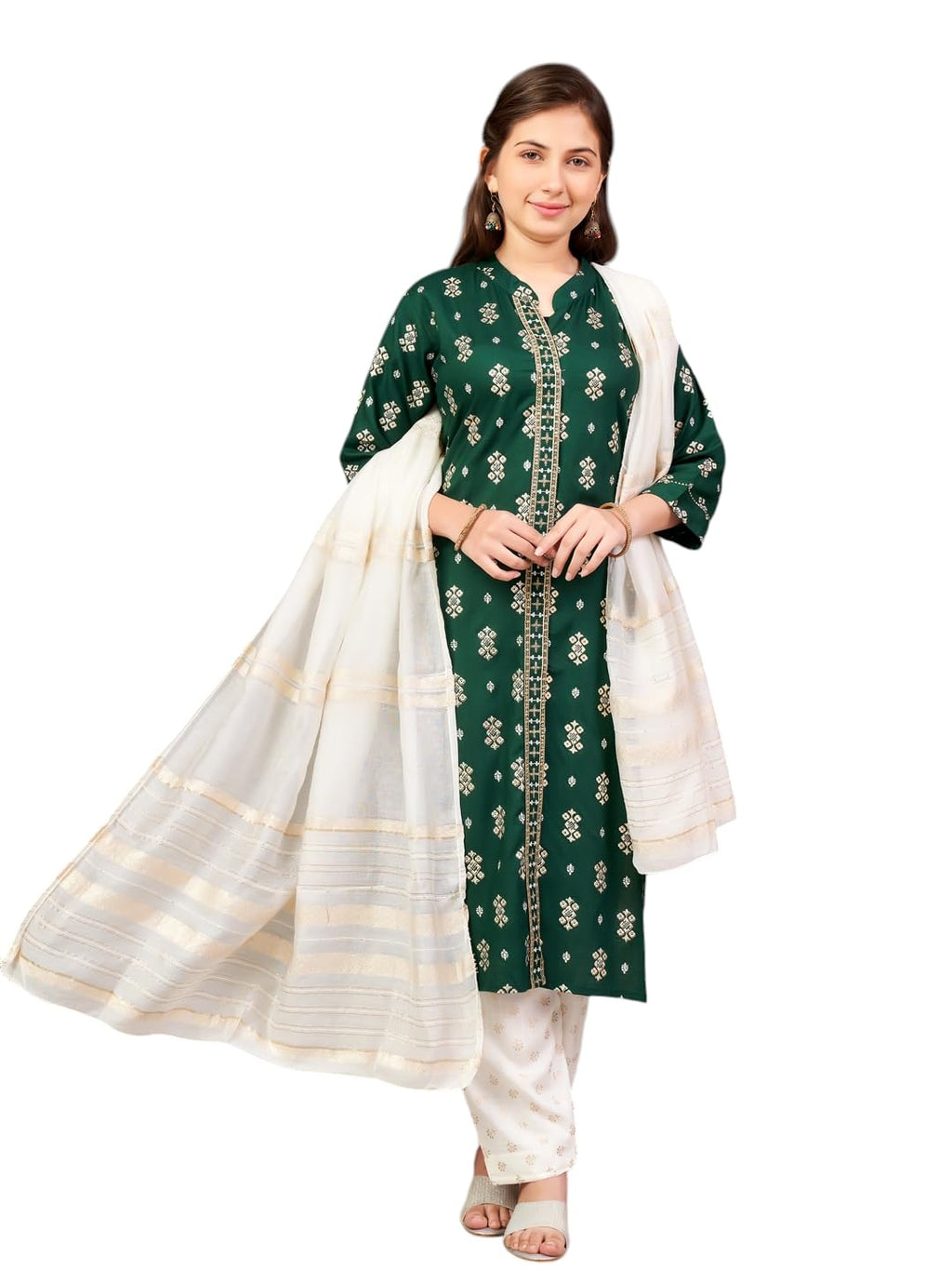 Aarika Girls Ethnic Wear Green-Off White Colour Foil Print Rayon Kurti Pant Set-8-15 Years (Kp-Sd-2944)
