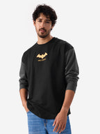 The Souled Store Official Batman: The Justice Round Neck Full Sleeve Black Graphic Printed Cotton Oversized T-Shirts for Men & B