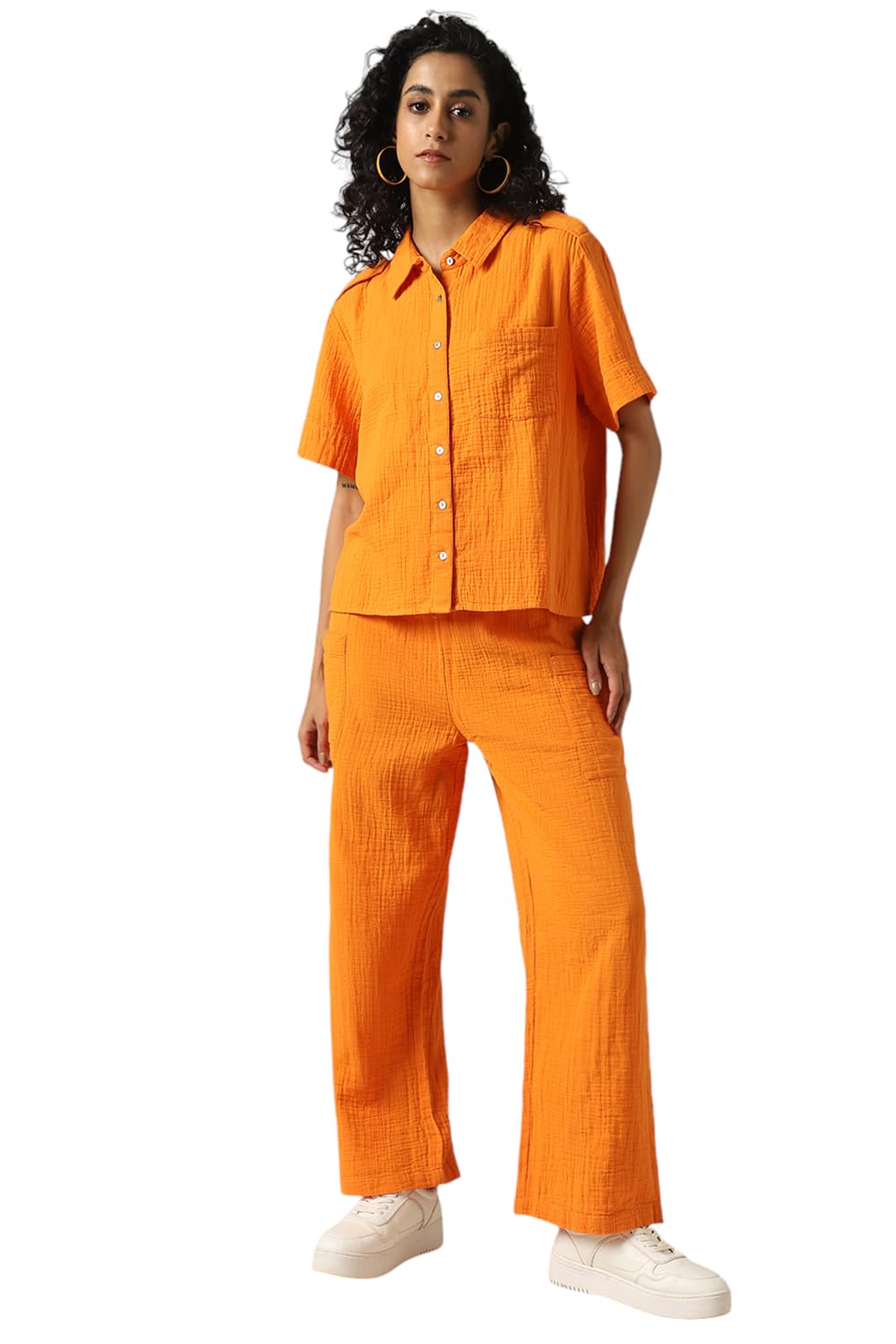 Hubberholme Women Cotton Solid Oversized Fit High-Rise Collar Half Sleeves Co-Ord