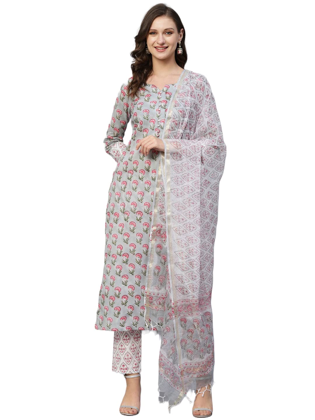 ANNI DESIGNER Womens Cotton Blend Straight Printed Kurta with Pant & Dupatta (Lord Grey-SNW_XL_Grey_X-Large)