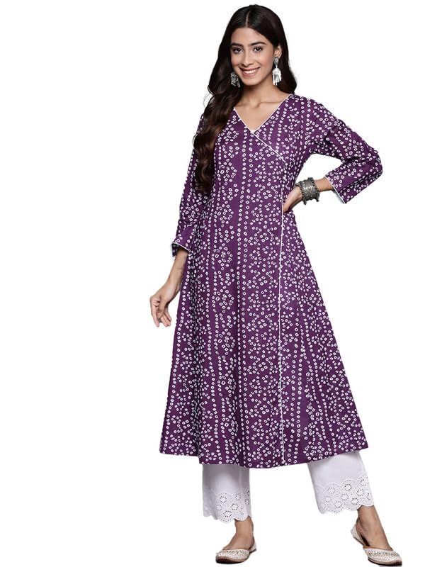 Varanga Women Purple V-Neck Bandhani Print Angrakha Style Anarkali Kurta With Piping Detail For Traditional (Medium)
