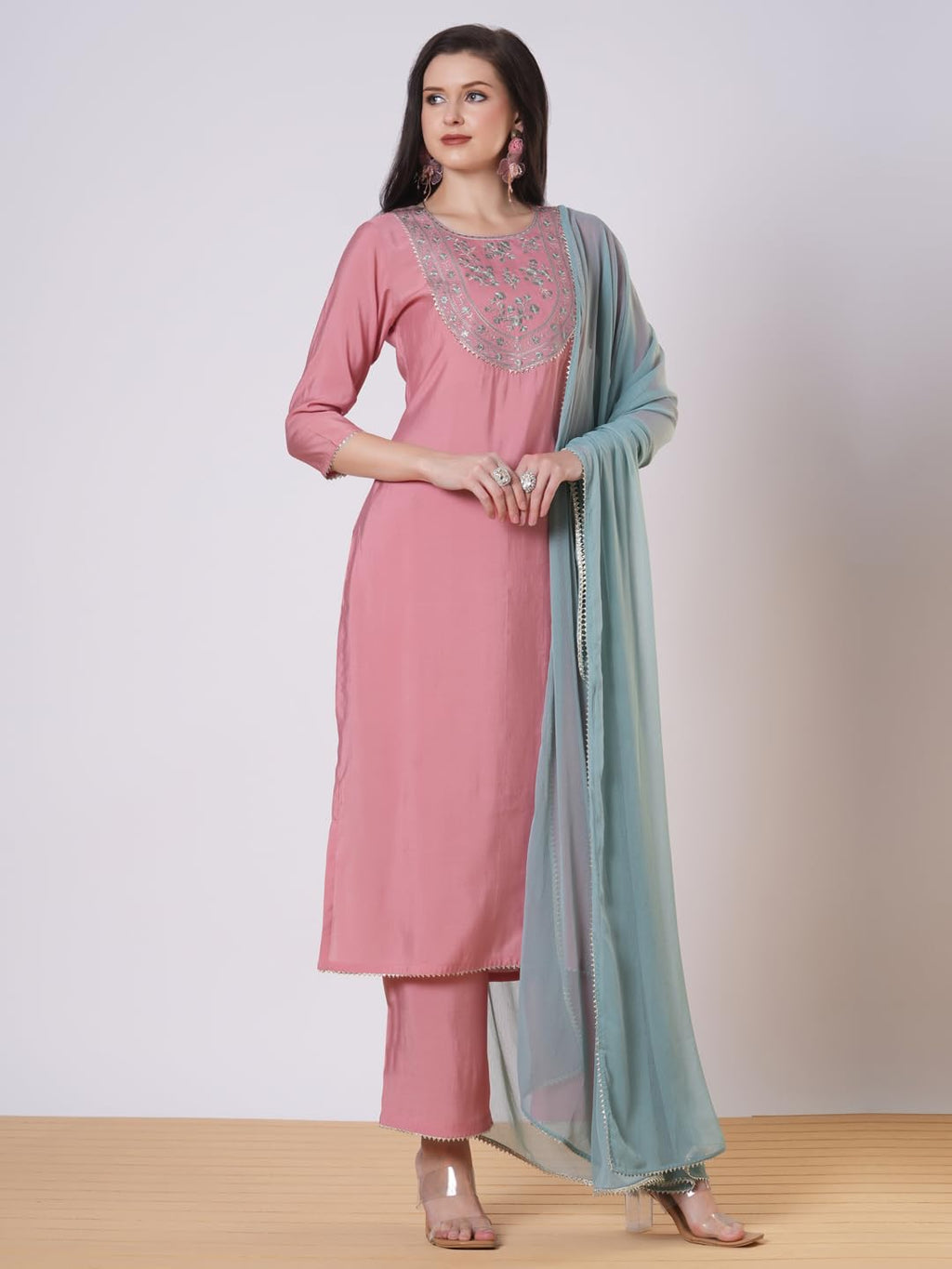 ANNI DESIGNER Women s viscose rayon embroidered straight Kurta with trousers and dupatta, Pink, Medium