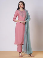 ANNI DESIGNER Women s viscose rayon embroidered straight Kurta with trousers and dupatta, Pink, Medium