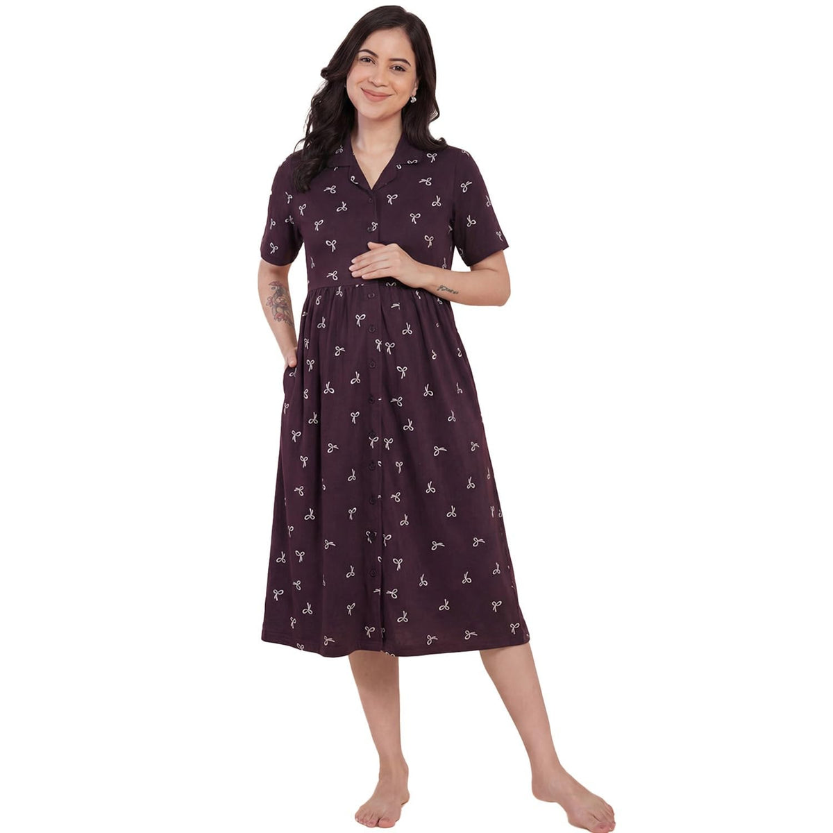 Secret Wish Purple Printed Hosiery Padded Maternity Nighty | Nursing Nightwear | Easy For Breastfeeding | Pregnancy Night Gown | 2