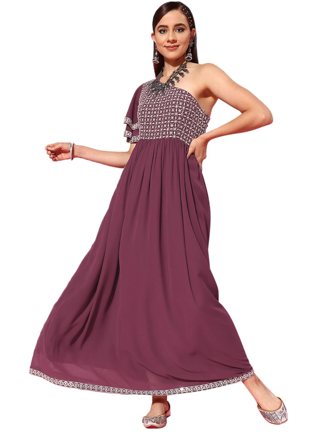 Libas Womens Embroidered Georgette Gown Dress For Women Mauve