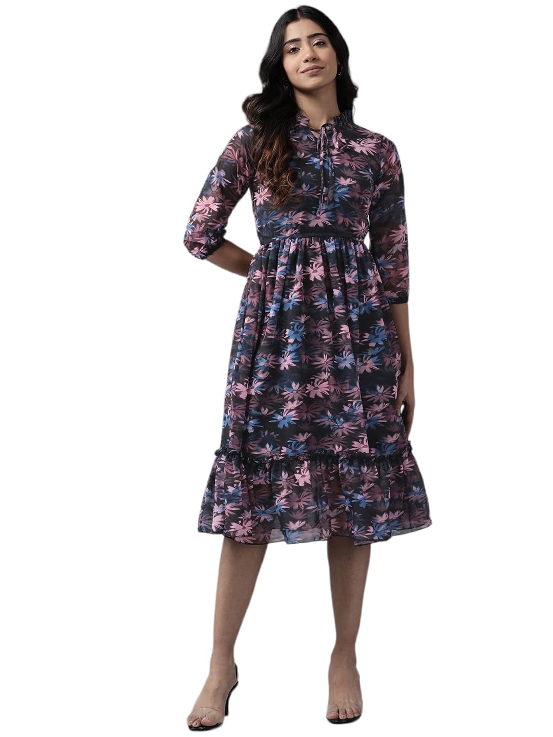 Aarika Womens Black Colour Floral Print Georgette Dress (S-Xxl)