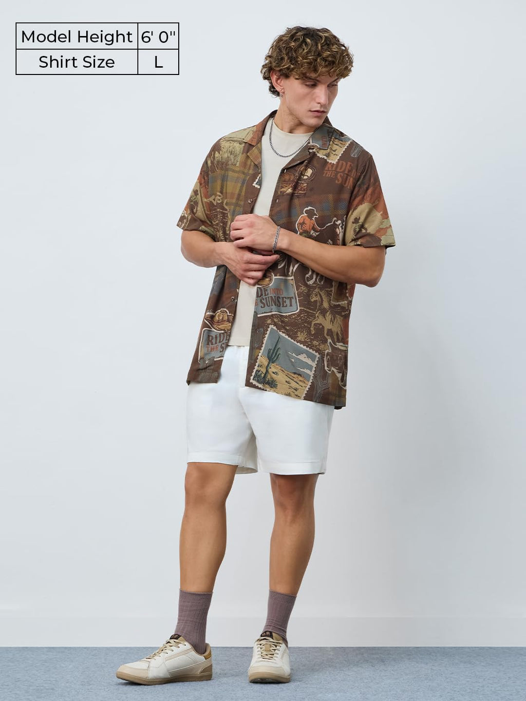 The Souled Store Summer Shirt: Cowboy Men and Boys Short Sleeves Collared Neck Button Front Brown All Over Printed Regular Fit R