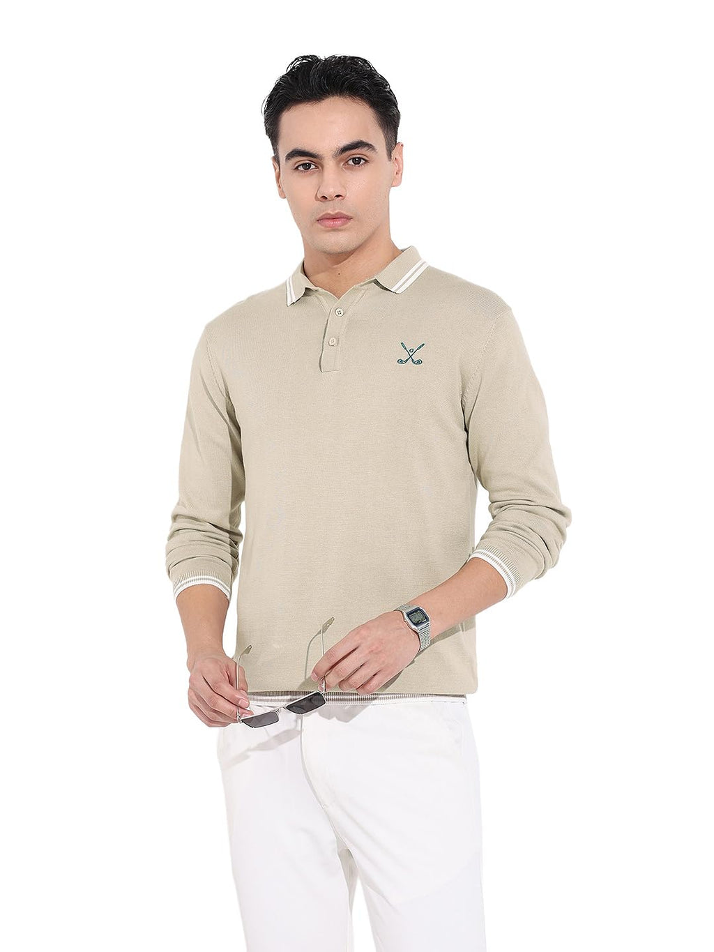 The Indian Garage Co Mens Slim Fit Textured Long Sleeves Neck Flat Knit Polo T-Shirt