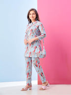 Aarika Girls Casual Wear Sky Blue Colour Leafs Print Polyester Co-ord Set-8-15 Years (KP-TR-K-987)