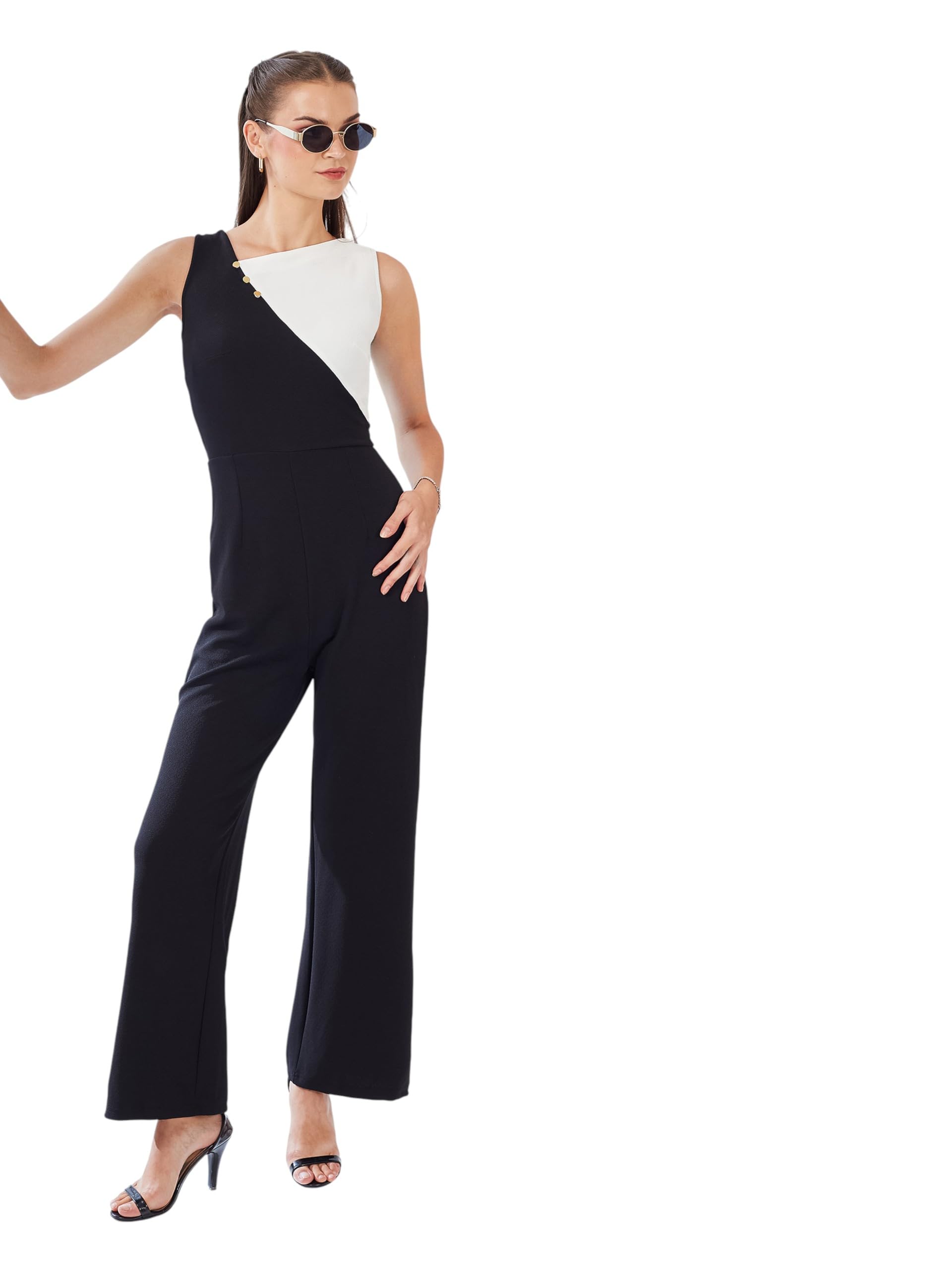 Miss Chase WomenS Sleeveless Polyknitted Color-Block/Paneled Regular Length Jumpsuit (Mcaw25D85-79-173-02, Off White & Black, X
