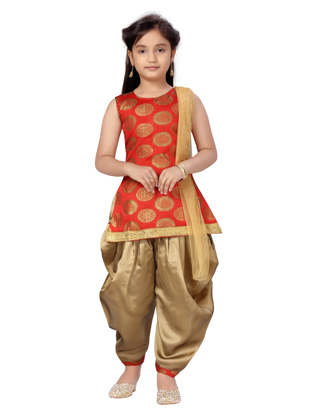 Aarika Girls Red-Gold Brocade-Self Design Patiala Kurti Set (Pt-18541-Red-22)