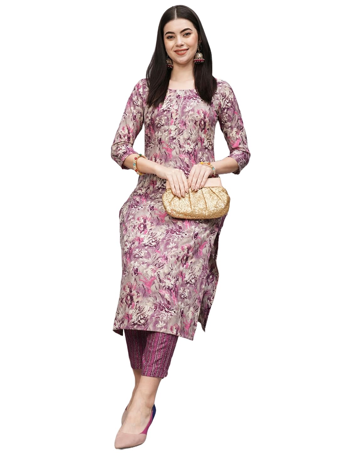 ANNI DESIGNER Womens Cotton Blend Straight Printed Kurta with Pant (Seep Purple_S_Purple_Small)