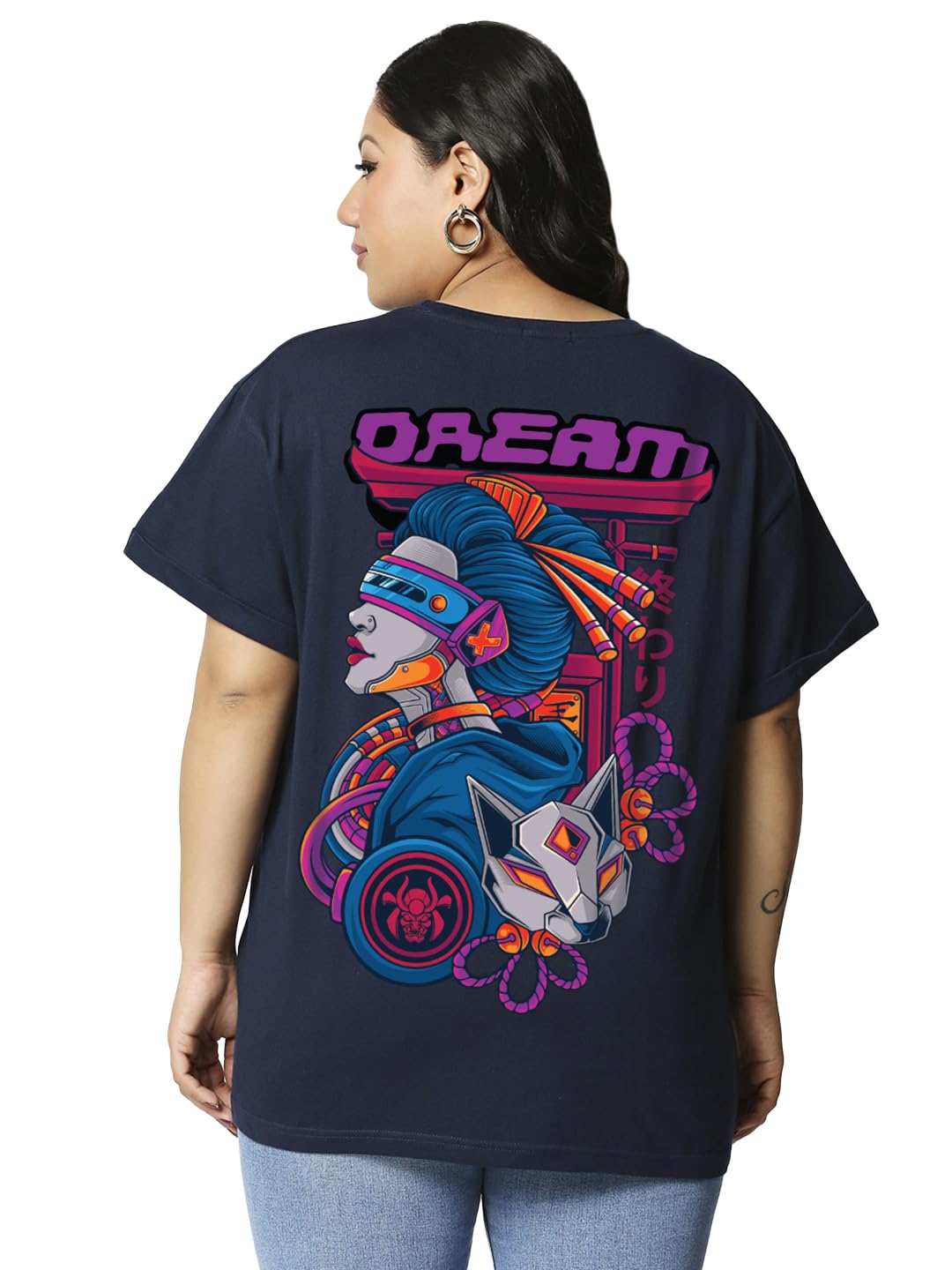 Bewakoof Womens Graphic Print Boyfriend Fit Half Sleeve Round Neck Cotton Plus Size T-Shirt_603300_Blue_6XL
