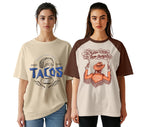 Juneberry Pack Of 2, 100% Pure Cotton, Round Neck, Oversized, Loose, Baggy Fit, Drop Shoulder, Graphic Printed, Half Sleeve T-Sh