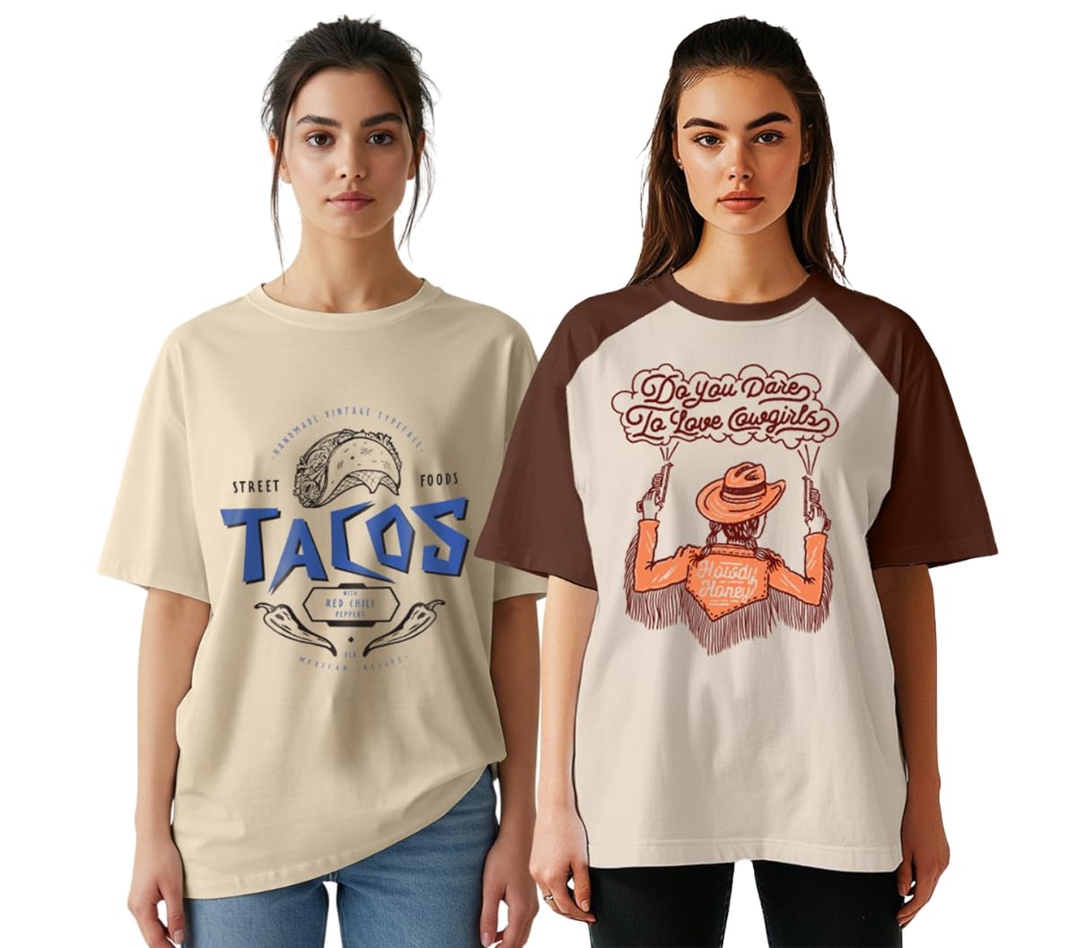 Juneberry Pack Of 2, 100% Pure Cotton, Round Neck, Oversized, Loose, Baggy Fit, Drop Shoulder, Graphic Printed, Half Sleeve T-Sh