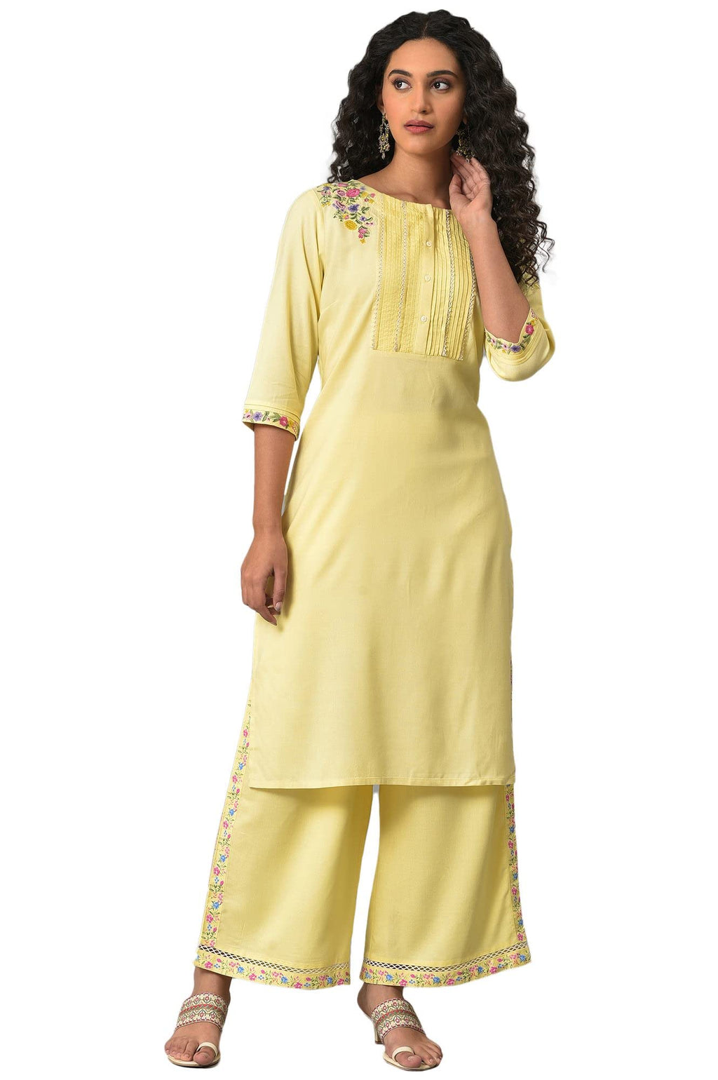 W For Woman Yellow Embroidered Plus Size Summer Kurta With Pleats On Yoke_23Few18934G-218039_5Xl