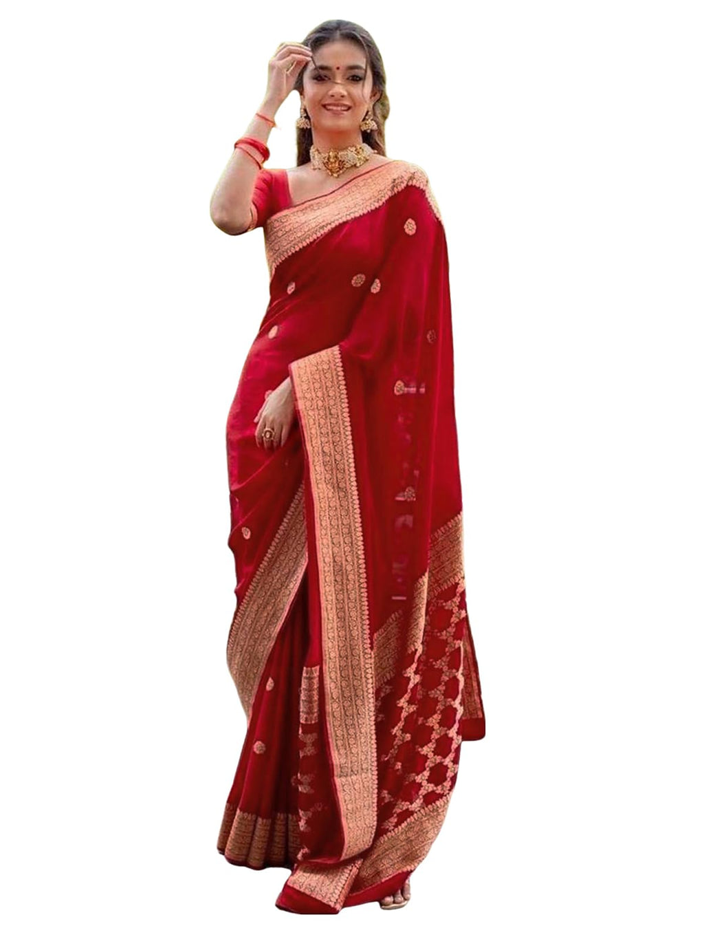 Satrani Womens Art Silk Jacquard Saree with Unstitched Blouse Piece (3382S386N_Red & Golden2)