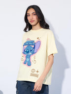 The Souled Store Lilo & Stitch: Brat Energy Women and Girls Short Sleeves Round Neck Off White Graphic Printed Cotton Oversized
