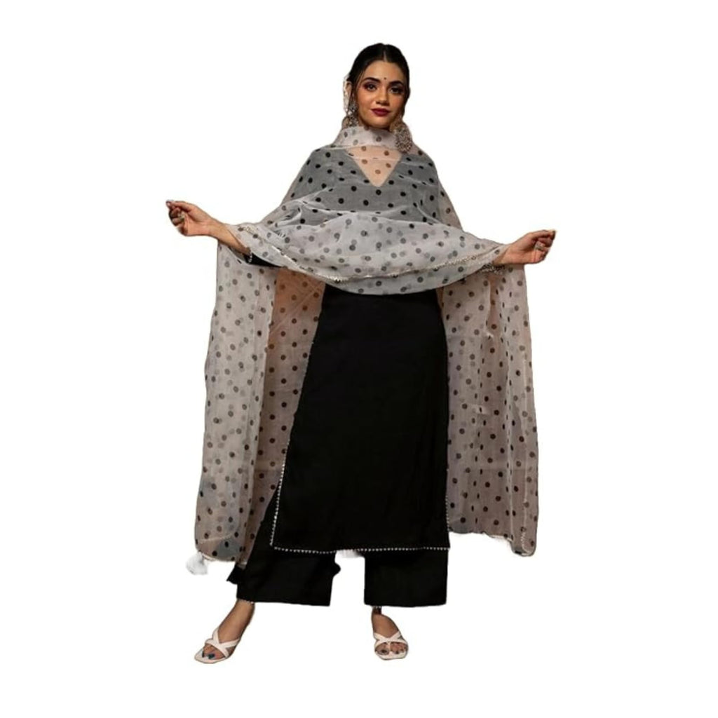 Modestouze Attires WomenS Black Solid Calf Length Neck 3/4 Length Regular Sleeves Kurta And Palazzo Set With Printed Organza Du