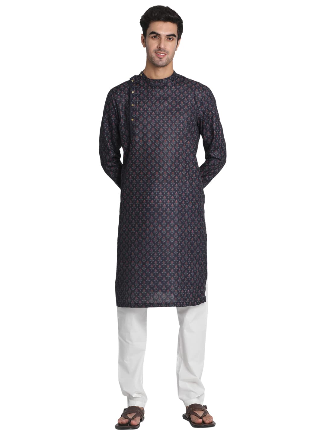 Manyavar Mens Kurta Only, Ethnic Kurta for Men, Full Sleeves Mandarin Collar Printed Art Silk Blue Kurta (XL)