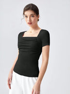 Shasmi Womens & Girls Black Womens Summer Square Neck Solid Color Ruched Tee Workwear Pleated Casual t-Shirt for Women (Top 1