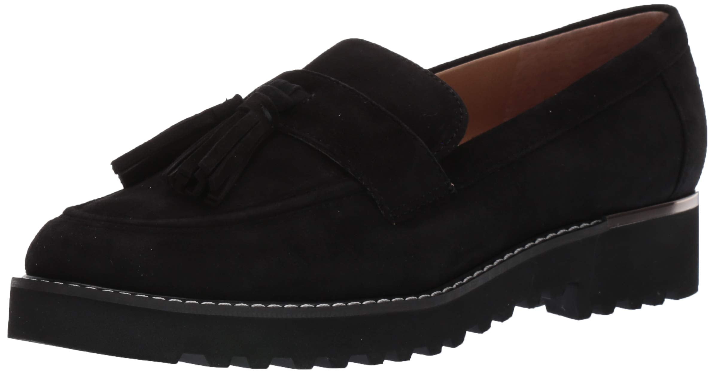 Franco Sarto Womens Carolynn Lug Sole Loafer with Tassel Detail , Black Suede, 8.5 M