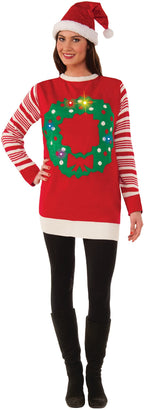 Red Light-Up Wreath Women's Ugly Christmas Sweater Large