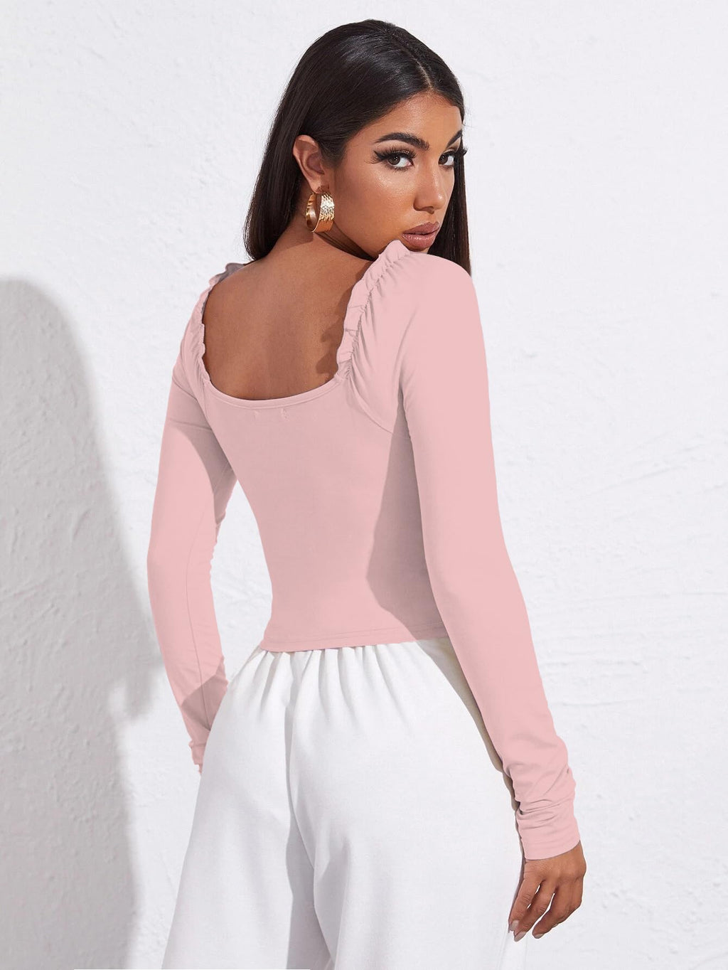 AVANOVA Womens & Girls Peach Full Sleeve, Sweat Hear Neck, Frill Trim Ruched Crop Top for Women, Tops, T-Shirts for Girls (TOP