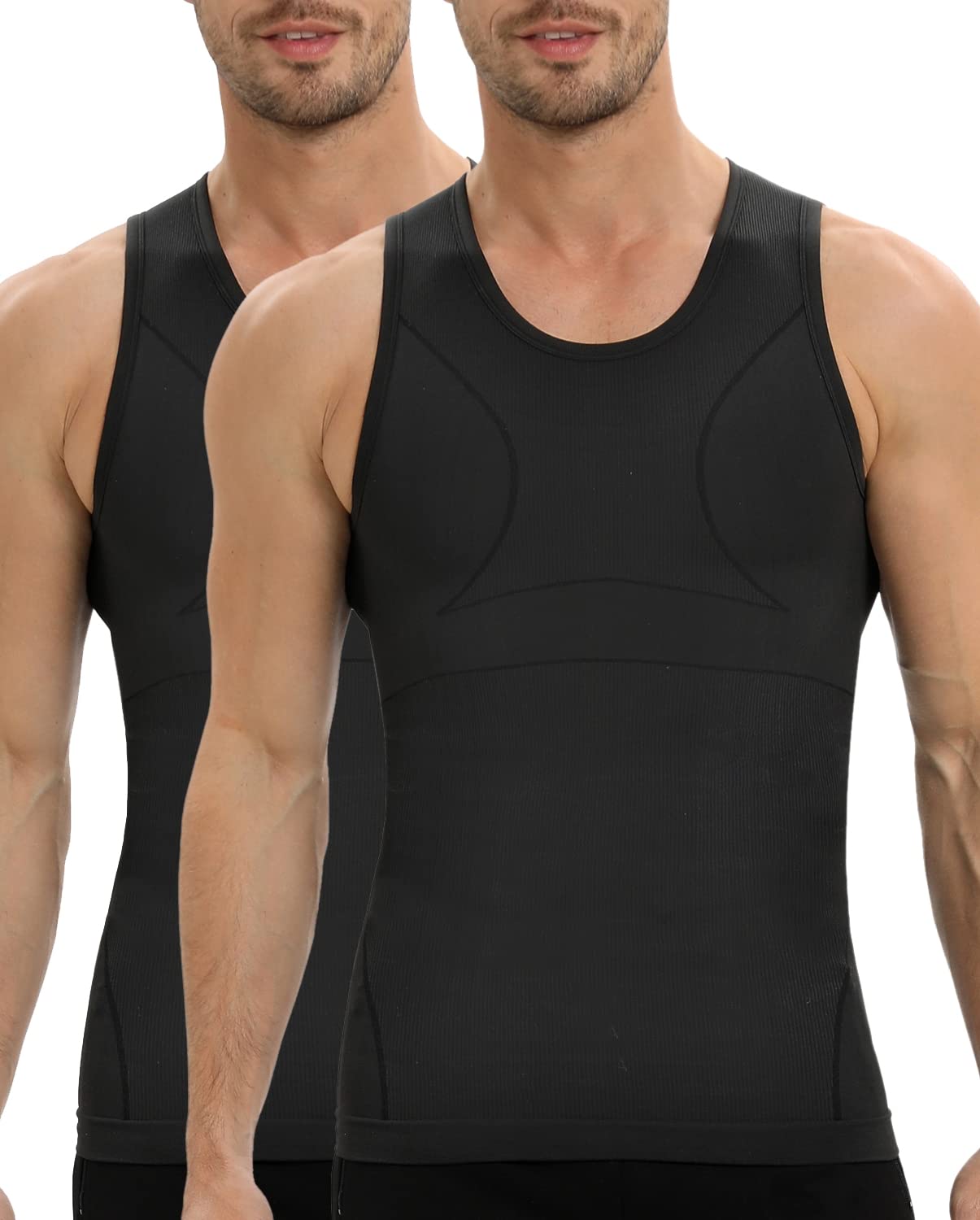 PODFAN Gynecomastia Mens Compression Shirt, Slimming Tank Top, Men Body Shaper Vest, Tummy Control Undershirts (2 Pack Black,XX-