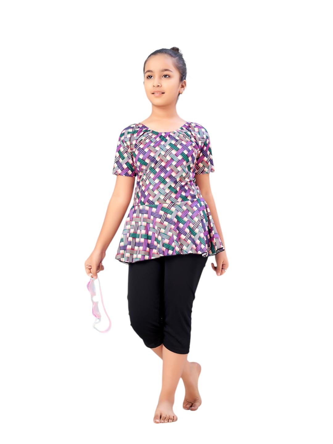 Aarika Girls Sports Wear Fawn-Purple Colour Check Print Nylon Swim Suit (5-15 Years)-(SW-SHM-C-1114)