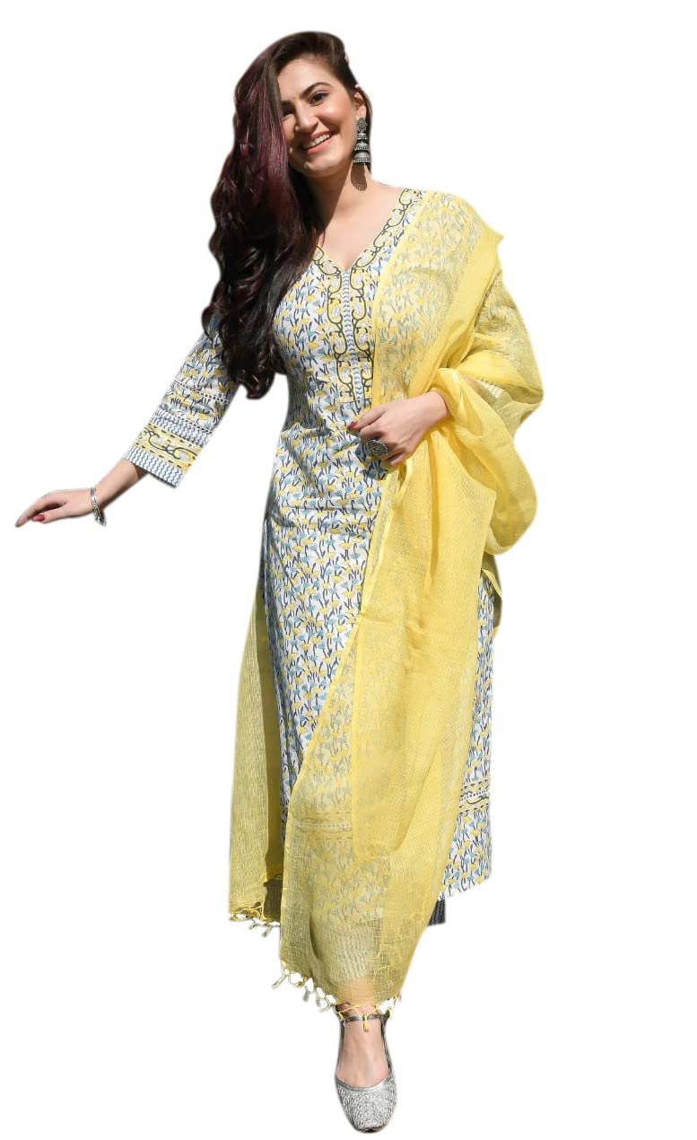 ANNI DESIGNER Womens Cotton Blend Straight Kurta with Pant & Dupatta (MURHAR-Yellow_XXL_Yellow_XX-Large)