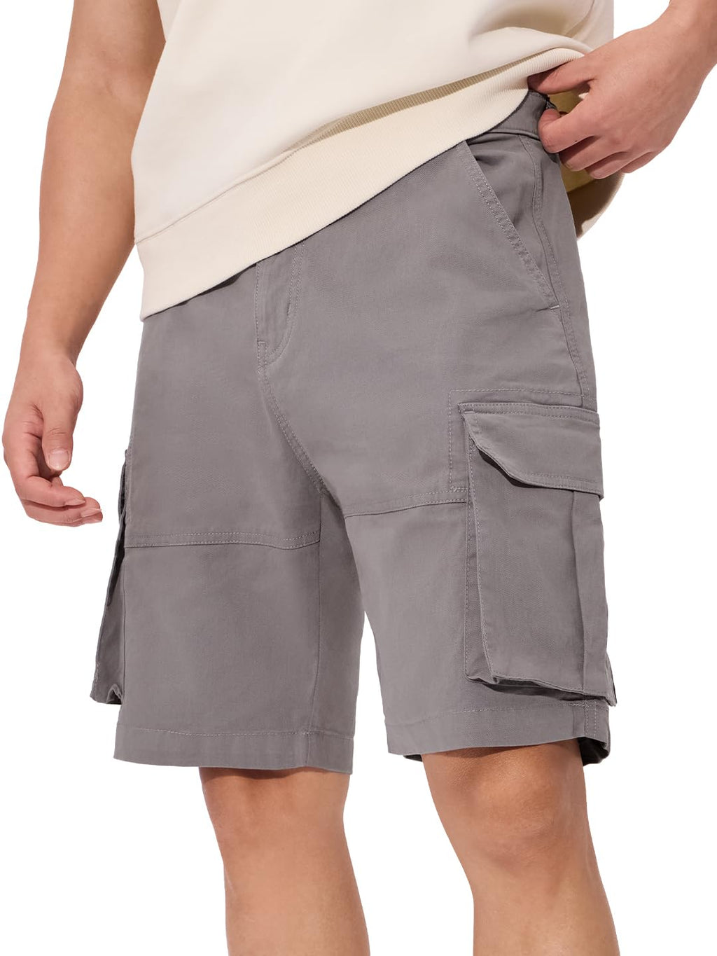 The Souled Store Solids: Mystic Grey Men and Boys Buttoned Knee Length Cotton Cargo Shorts