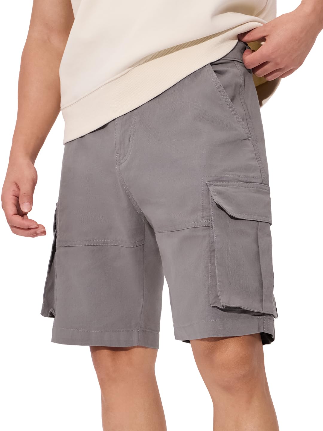 The Souled Store Solids: Mystic Grey Men and Boys Buttoned Knee Length Cotton Cargo Shorts