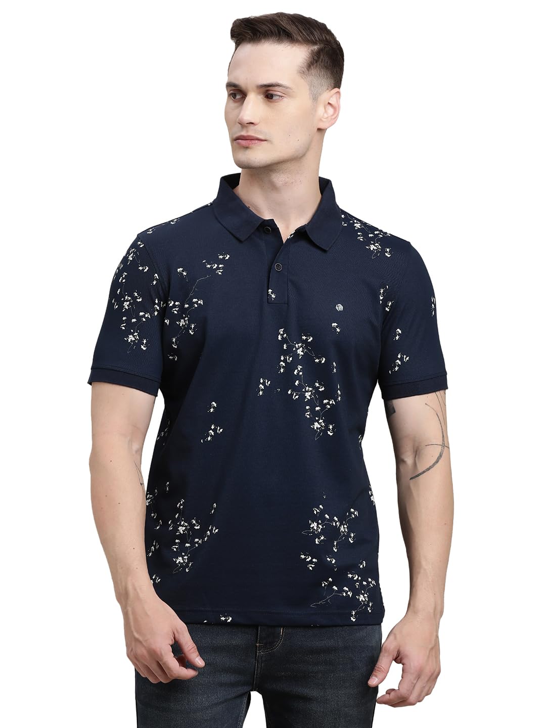 Turtle Men Slim Fit Blue Printed Polycotton Stretch Polo T-Shirt