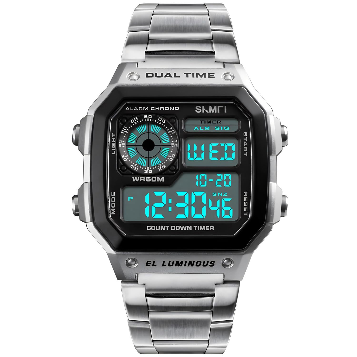 PASOY Men's Digital Multi-Function Watches 2 Time Alarm Stopwatch Countdown Backlight Waterproof Watch (Silver)