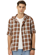 Thomas Scott Tartan Checked 100% Cotton Shirt Hoodie for Mens Coffee