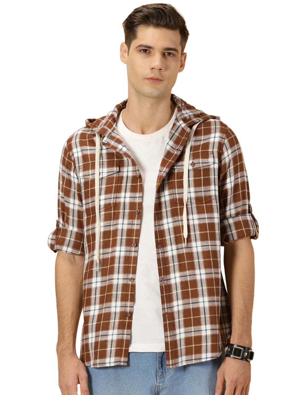 Thomas Scott Tartan Checked 100% Cotton Shirt Hoodie for Mens Coffee