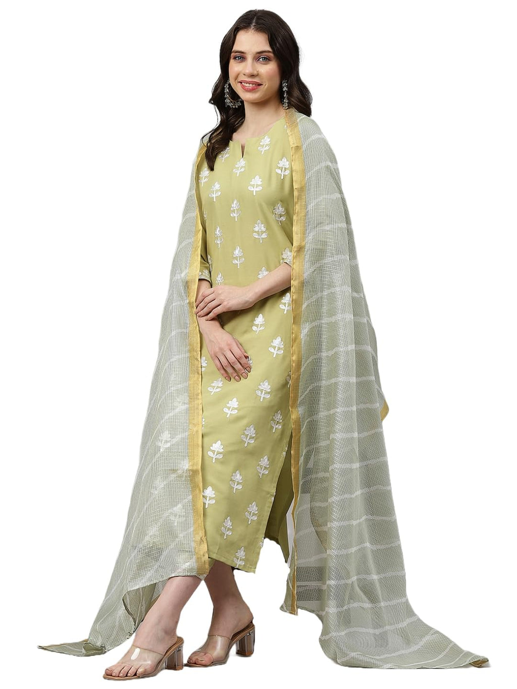 Gosriki Women'S Cotton Blend Embroidered Straight Kurta With Pant & Dupatta (Chakdol-Mahendi-Nw-Gs_Xxl_Green_Xx-Large)