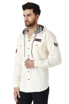Besix MenS Cream Tailored Fit Cotton Blend Shirt For Man With Hoodie - Casual Long Sleeve Shirt With Pockets - Patch Detail For