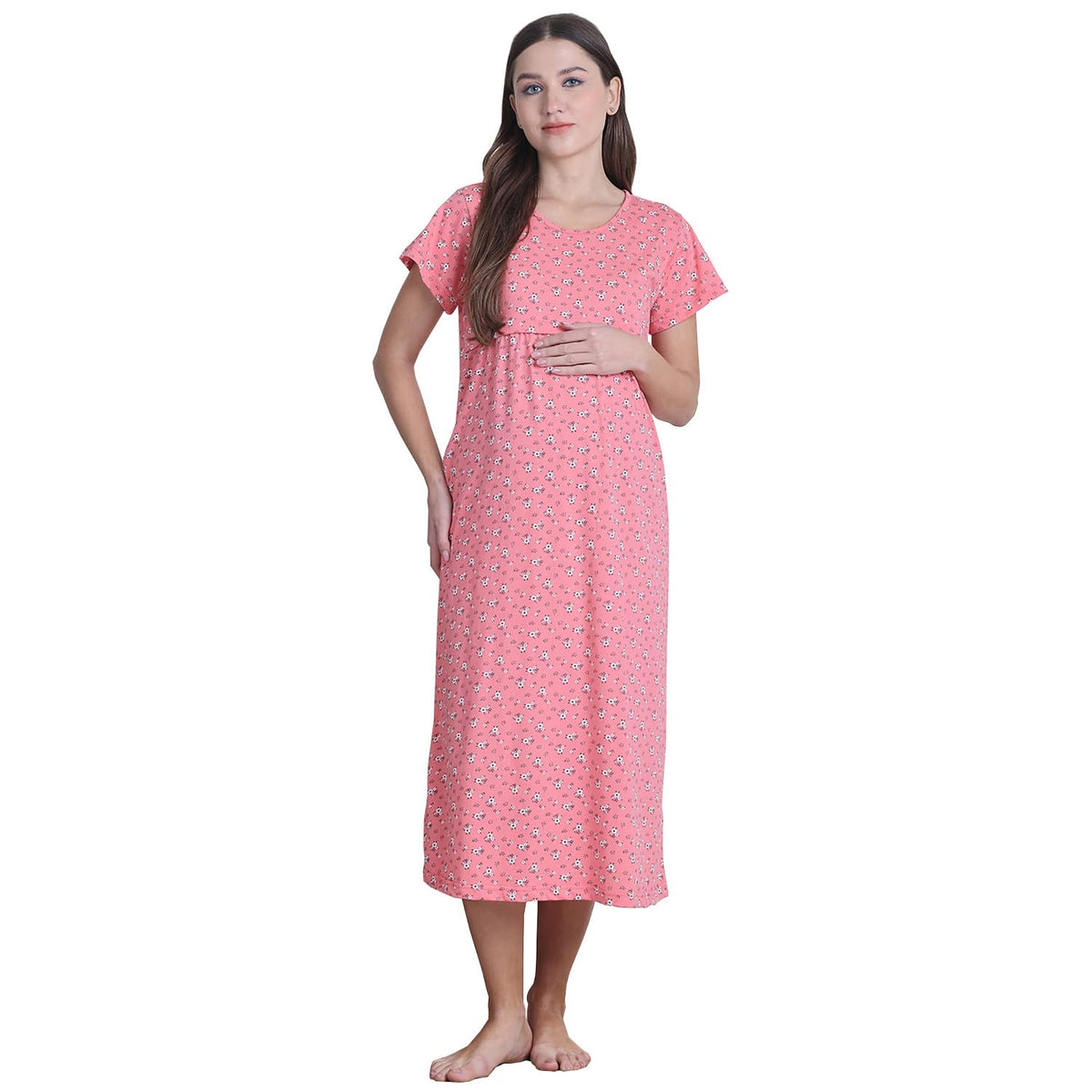 Secret Wish Pink Floral Hosiery Maternity Nighty/Maxi Nighty/Feeding/Nursing/Zipper/Nighty/Night Gown 2
