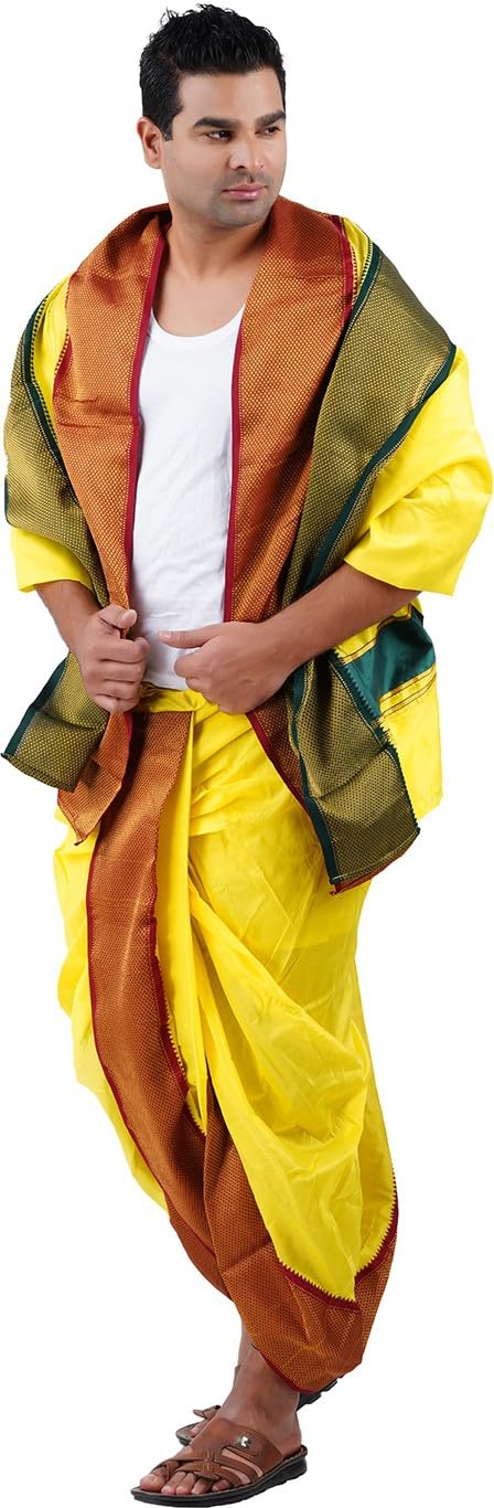 Prakasam Cotton Mens Asha Silk Panchakacham Ready To Wear Dhoti Towel Set With Pocket/Panchakacham Dhoti With Angavastram (Stitc