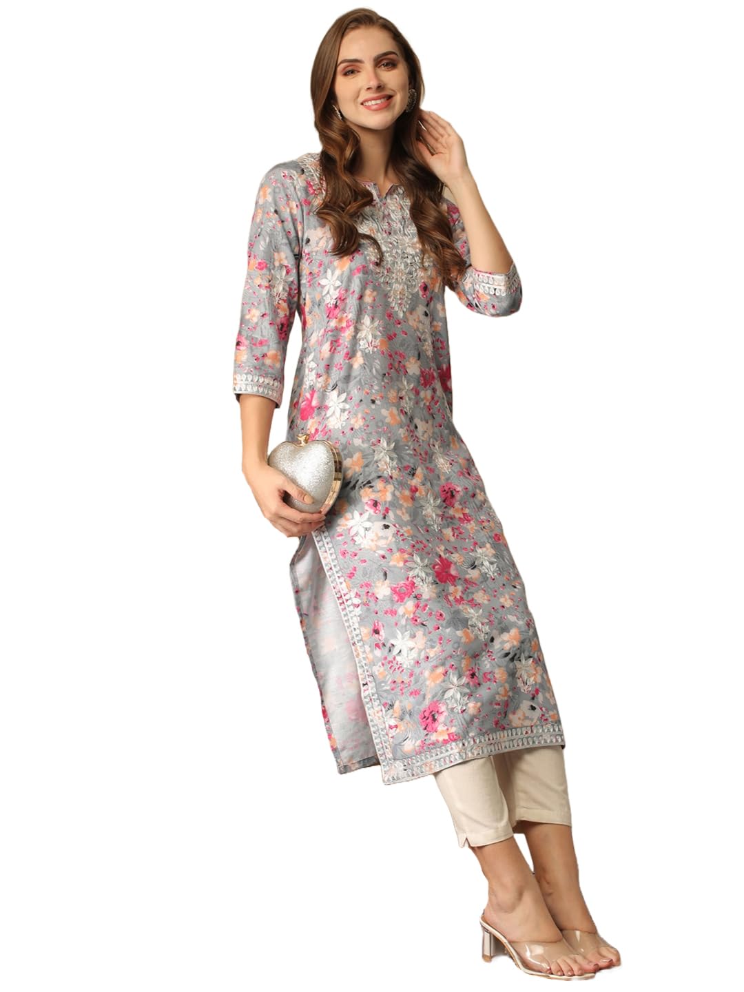 GoSriKi Womens Rayon Blend Chikankari Embroidered Straight Kurta (KISRUP-Multi-NW-GS_S_Grey_Small)