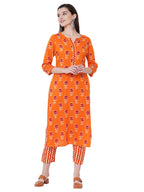 Gosriki Women'S Pure Cotton Flower Print Kurta With Palazzo (Orange Flower_M-Orange_Medium)