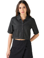 Bewakoof Womens Solid Regular Fit Half Sleeve Collared Neck Pure Cotton Shirt_633536_Black_L