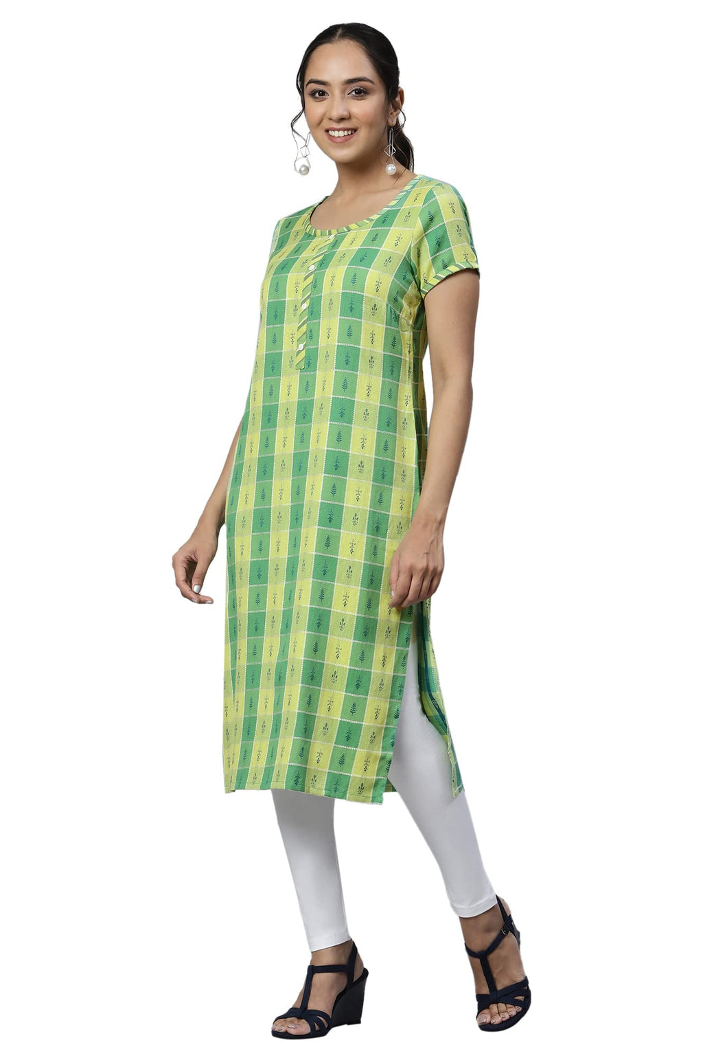 Aurelia Green Geometric Printed Printed Cotton-Rayon Blend Regular Kurta For Women