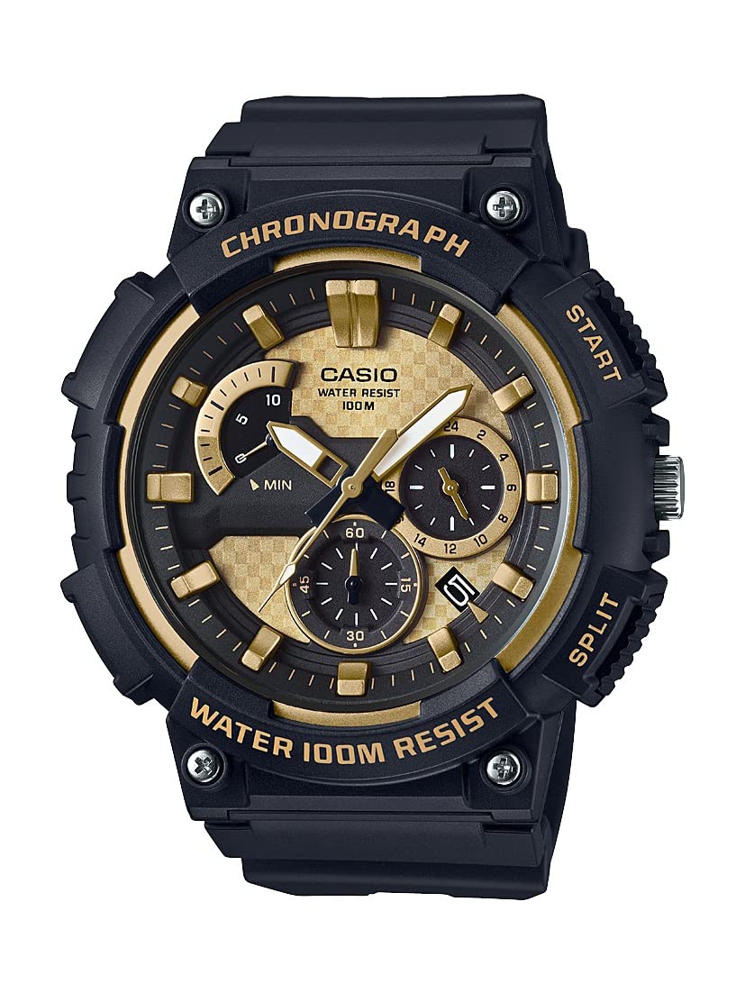 Casio MCW200H Series | Mens Analog Watch | Black/Gold | 100M WR | Retrograde Chronograph | 1 Second Stopwatch | Date Display | M