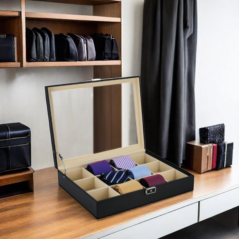 Tie Display Case for 12 Ties, Belts, and Men's Accessories Black Carbon Fiber Storage Box Father's Day
