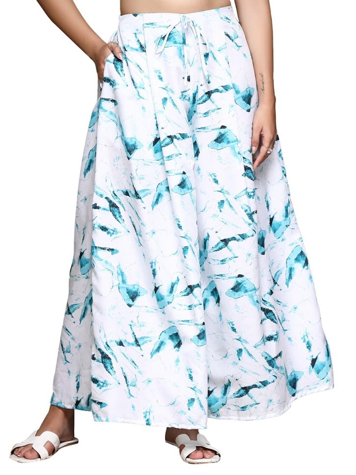OOMPH! Women Crepe Flared Printed Palazzo Elasticated Waist Loose-fit & Regular, Casual Wear Aquamarine Blue